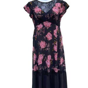 Torrid Black Lace Pink Floral Empire Waist Round Neck Keyhole Back Dress Size 3